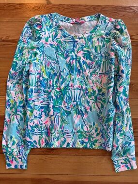 LILLY PULITZER JANSEN SWEATSHIRT BLUE CABANA COCKTAIL LONG SLEEVE TOP Sz Small s